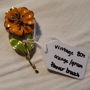 Vintage 1980s Orange and Green Flower Brooch